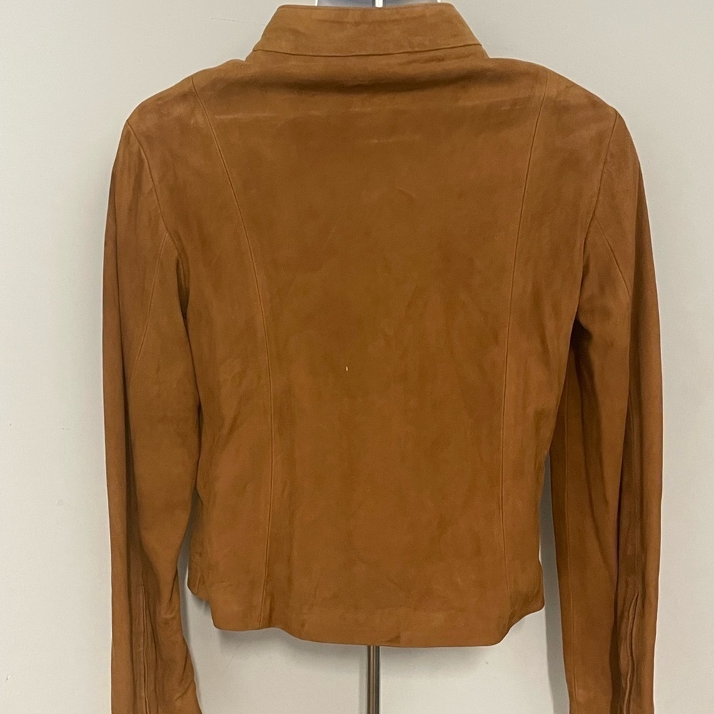 Women suede jacket cognac zipper front satan lining zipper sleeves modern fit - Picture 3 of 5